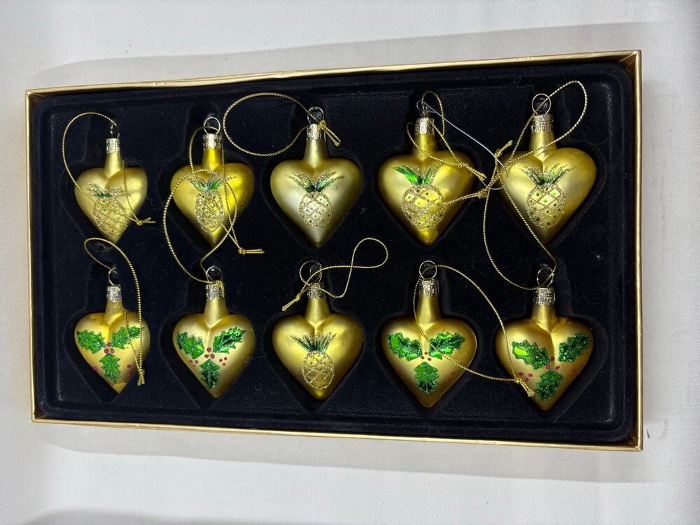 Vtg Hand Painted Yellow Glass Heart Shaped Christmas Ornaments- Set of 10
